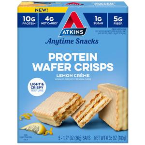 Atkins Lemon Wafer Crisps, Protein Snack, 10g Protein, 4g Net Carbs, 1g Sugar, 5g Fiber, 5 Count