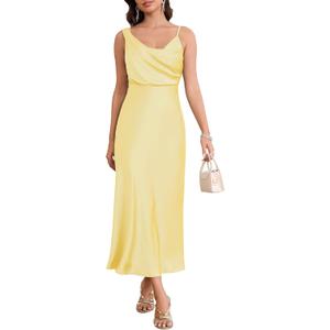 Women's Summer Satin Dress Elegant Cowl Neck Adjustable Spaghetti Strap Wedding Guest Cocktail Party Maxi Dresses