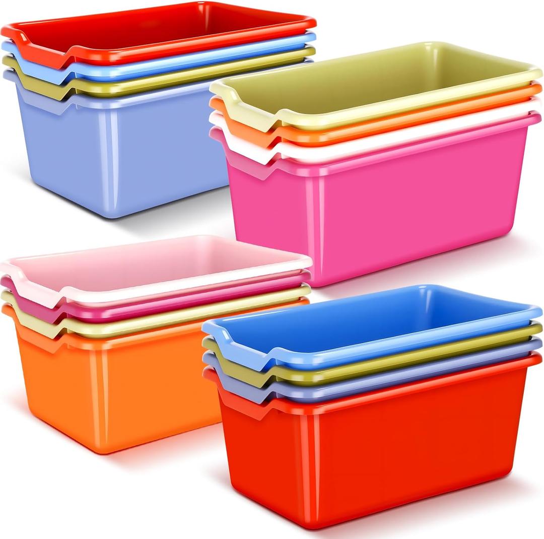 Dandat 16 Pcs Plastic Cubby Bins Book Bins for Classroom Library Scoop Front Stackable Toy Storage Tubs Containers for School Office Home Nursery Playroom Organization(Vintage Color)