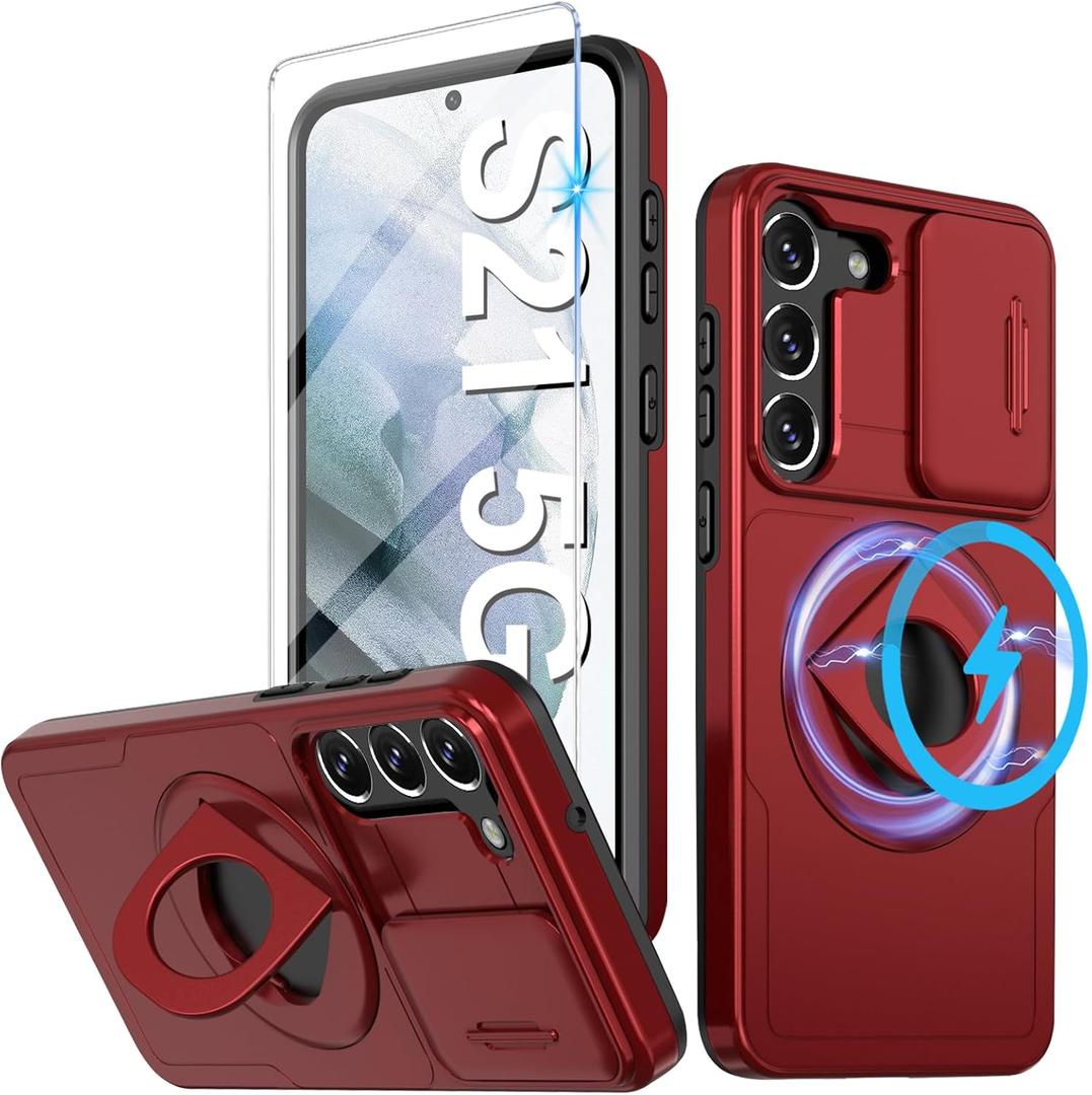 for Samsung Galaxy S21 Mag-Safe Kickstand Case with Screen Protector,Slim Shockproof Military Heavy Duty Anti-Drop Full Body Protection,360 Stand Magnetic Phone Case for S21 6.1" (Red)