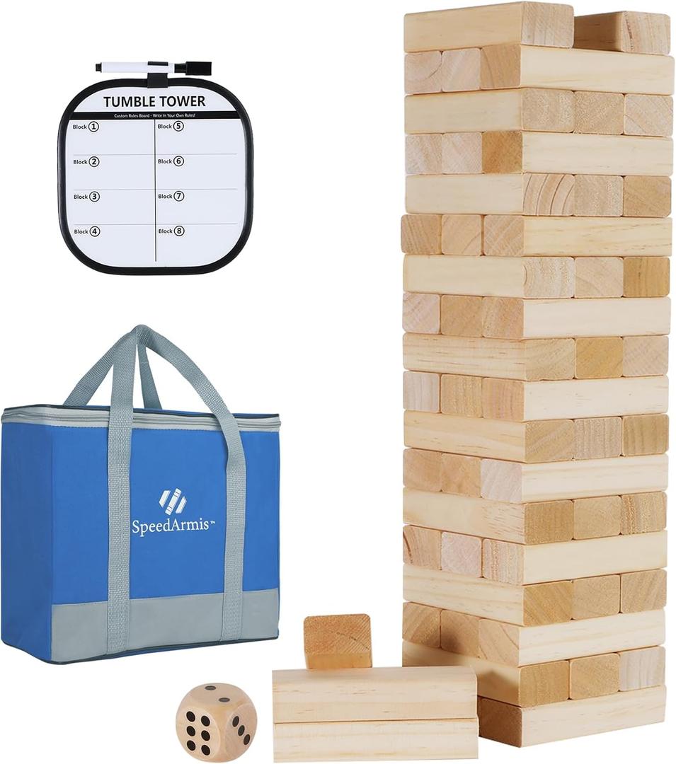 SpeedArmis Giant Tumble Tower, 56 PCS Wooden Stacking Game (Stack to 3.5FT) - Pine Stack Timber Board Play with Carrying Bag-Classic Indoor/Outdoor Games for Adults Family