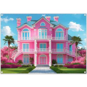 Fabric 7x5ft Pink House Photography Backdrop Princess Castle Mansion Toy Background Summer Tropical Kids Dream Party Decorations Girl Birthday Photo Booth