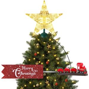 Santa Express Rotating Christmas Tree Topper Animated Christmas Star Train Set with Banner, LED Lighted 3D Pentagram Tree Topper for Xmas Decorations