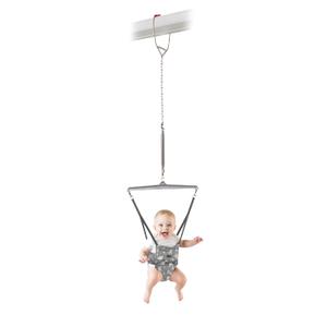 Jolly Jumper Iconic (Grey Safari), Doorway Baby Jumper, Indoor Exercise Saddle Seat, Adjustable Height, for Infants up to 28lbs, Black, No Stand Required