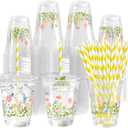 50 Sets Flower Daisy Plastic Cups 12 oz Floral Disposable Cups Spring Daisy Party Favor Drinking Beverage Cup for Baby Shower Birthday Party Supplies