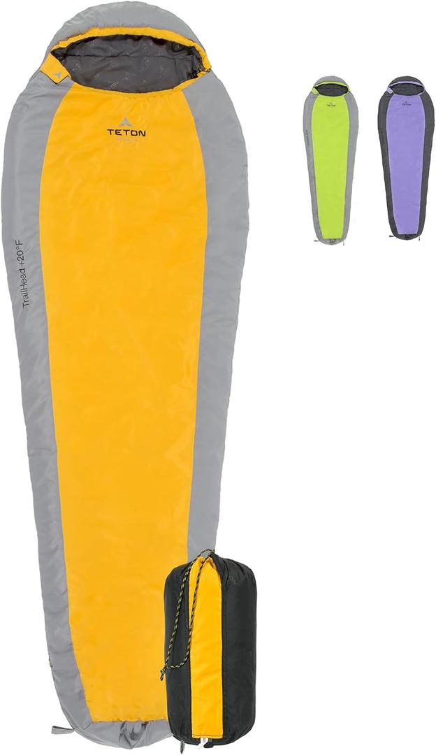Teton 20F and 5F Degree Sleeping Bag; Lightweight, Warm Weather Mummy Sleeping Bags for Adults and Kids, Camping, Backpacking, Hiking (Yell)