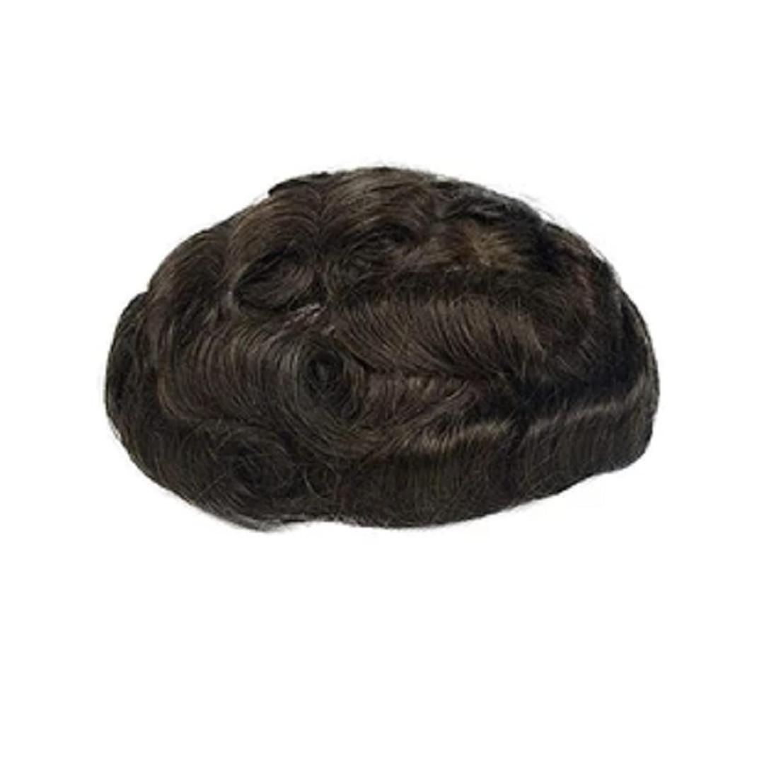 Toupee for Men Human Hair Mens Hair Pieces 0.06mm Soft Thin Skin Single Knotted Natural Wavy Men's Hair Replacement System with 810 inch Cap (PU skin with lace front, #3(Brown Color))