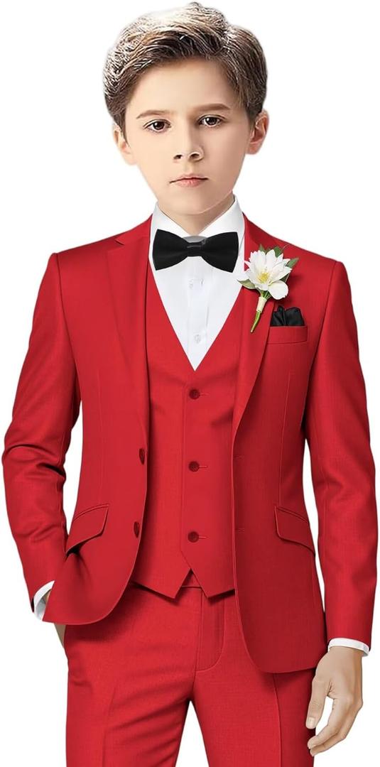 Boys Suit Kids Formal Suits for Boys Wedding Easter Outfits Dress Blazer Vest Pants Bowtie Set (10, Red)