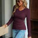 CiCiBird Women's V Neck Long Sleeve Blouse Lace Patchwork Slim Fit T Shirt Casual Fall Clothes (L)