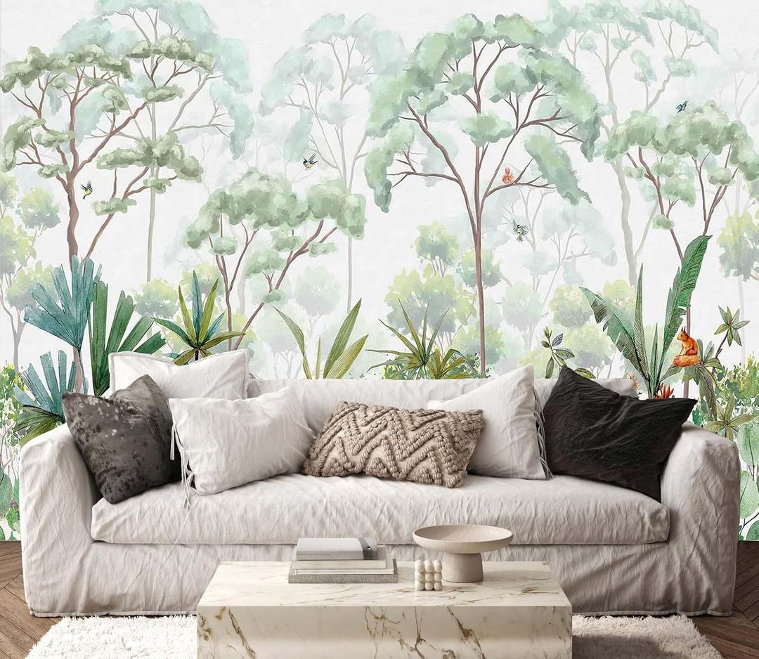 Tropical Forest Wallpaper Mural Green Botanical Leaves Rabbit Wall Mural Watercolor Art for Bedroom Living Room (Not Self-Adhesive) (127" x 96")