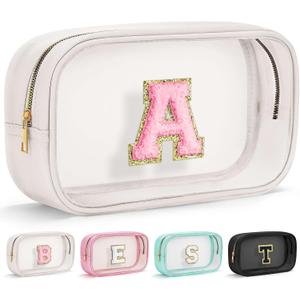 YOOLIFE Initial Make Up Bag Travel Toiletry Bag, Clear Makeup Bag Preppy Stuff Travel Essentials Pink Gifts for Women Teen Girlfriend Teacher Mom Birthday Valentines Gifts for Her Wife White A