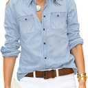 LookbookStore Women's Long Sleeve Collared Shirt Button Down Denim Blouse Tops (Medium, Ballad Blue)