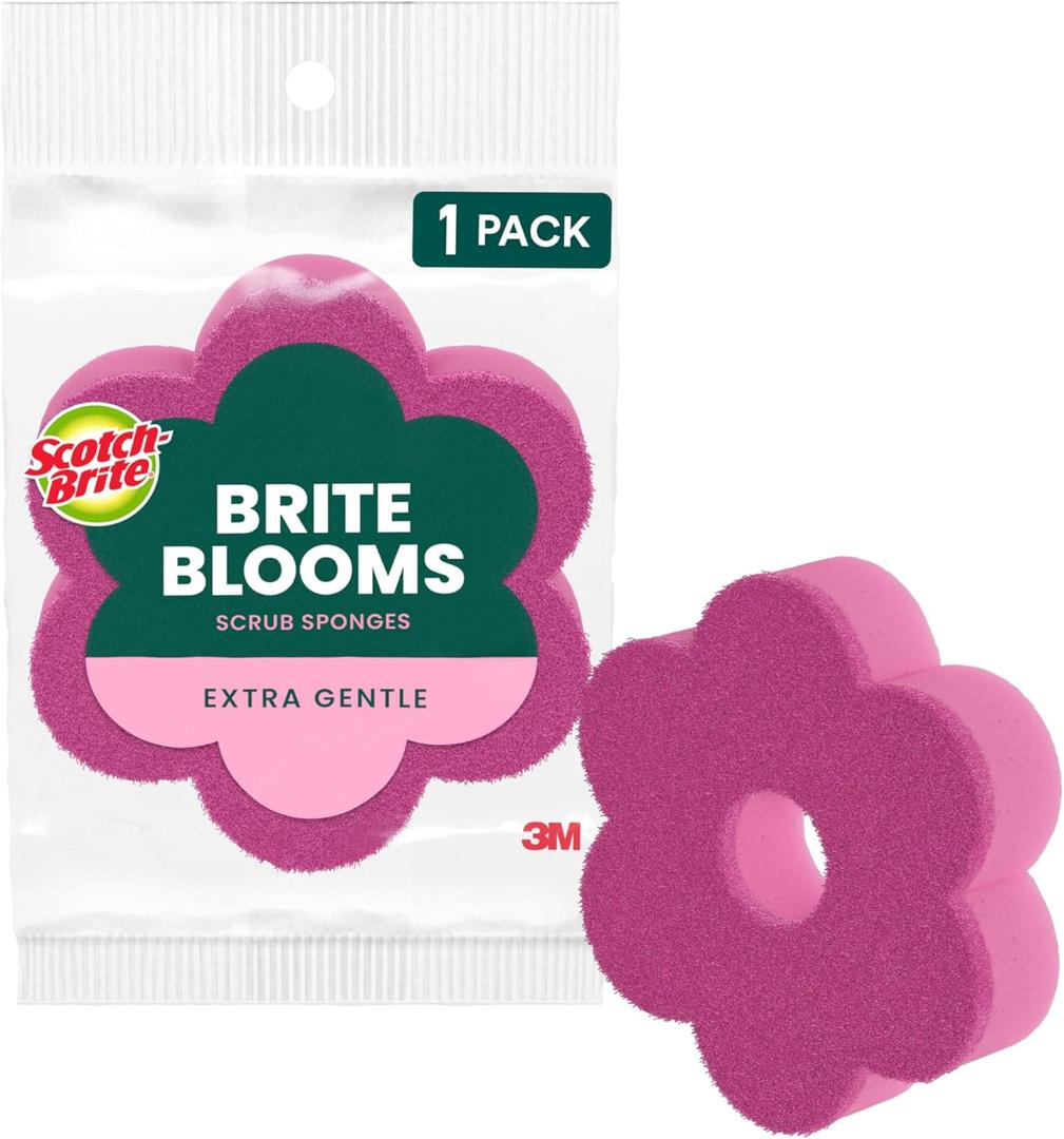 Scotch-Brite Brite Blooms Extra Gentle Scrub Sponge, Dishwasher-Safe Kitchen Sponge for Cleaning Delicate Surfaces, Pink Spring Flower Dish Sponges Made with 100% Recycled Fibers, 1 Count