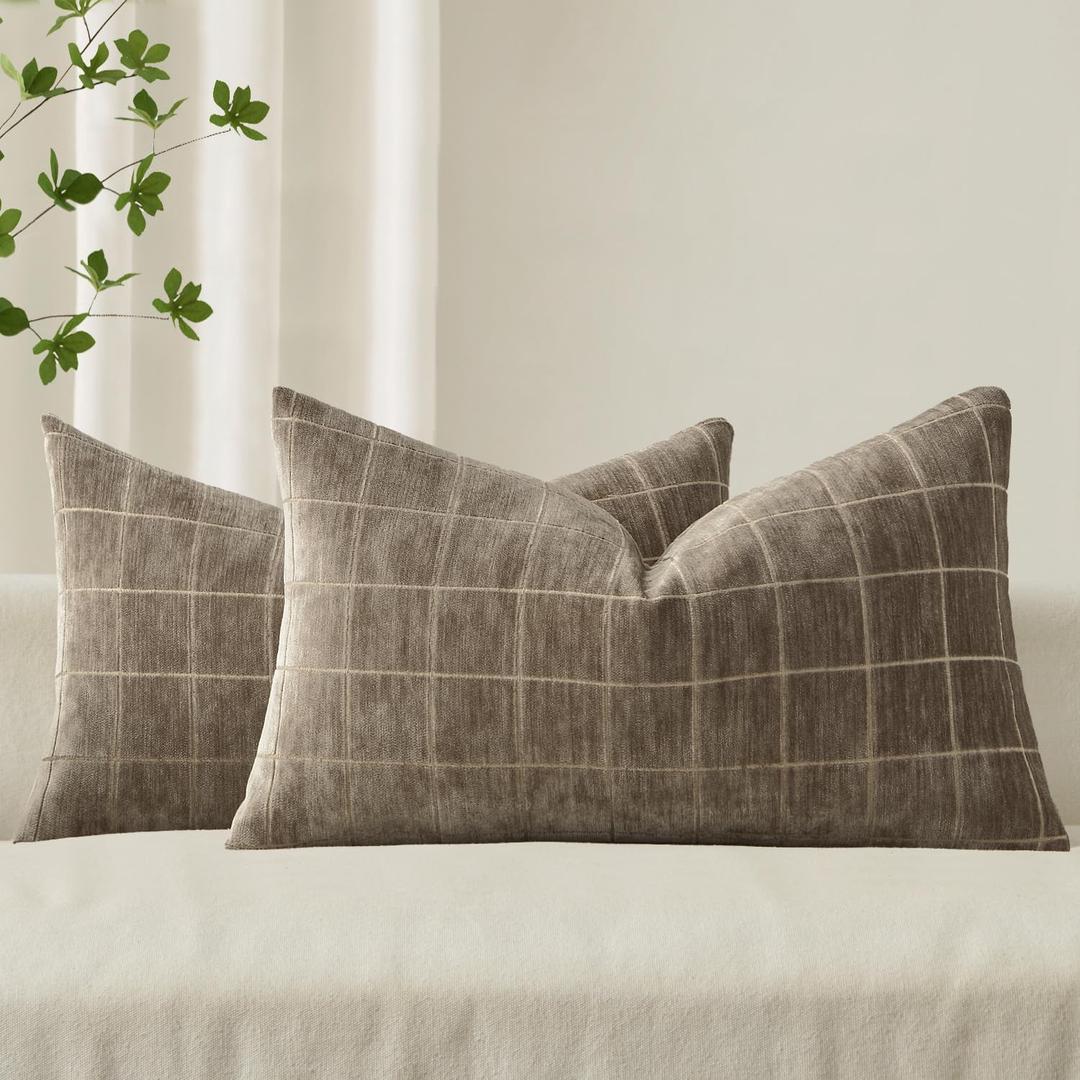 MIULEE Decorative Chenille Check Lumbar Throw Pillow Covers Vintage Plaid Couch Pillows 12x20 Inch Set of 2 Neutral Boho Farmhouse Cushion Covers Spring Decor for Sofa Bed Living Room Taupe Grey