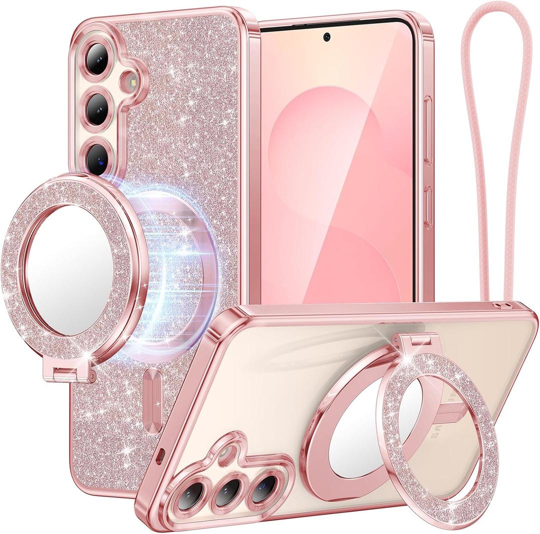Meifgino Magnetic Case with Removable Phone Ring Stand for Samsung Galaxy S25 Plus, [Glitter Card & Wrist Strap] [MagSafe Compatible] [Built in Mirror] Phone Ring Stand + Phone Case Kit, Rose Gold