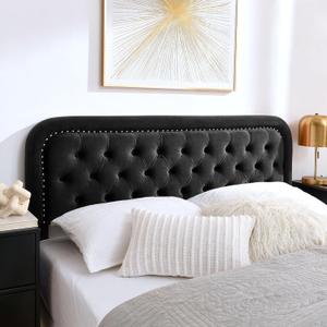 Beyetsea Tufted Upholstered Queen Size Headboard only - Button Solid Wood HeadBoards with Adjustable Height - Modern Velvet Padded Bed Headboard - Easy Assembly - Nailhead, Black
