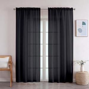 OWENIE Black Premium Sheer Curtains, 2 Panels Set, 42W x 72L, Rod Pocket, Polyester, Light Filtering, Living Room, Kitchen Room, Modern Style