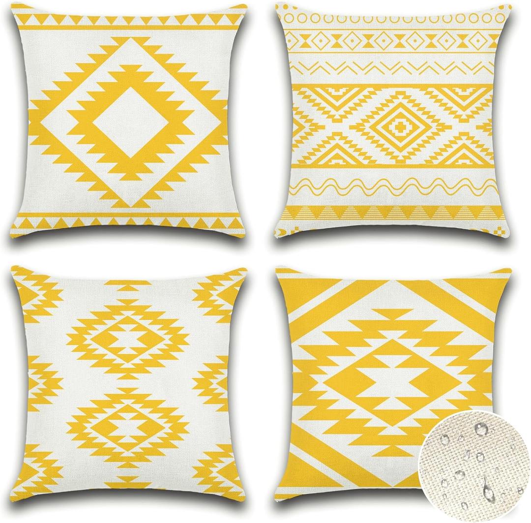 OTOSTAR Outdoor Waterproof Throw Pillow Covers 16x16 Inch Set of 4 Boho Farmhouse Outdoor Cushion Covers for Patio Funiture GardenGeometry80-Yellow