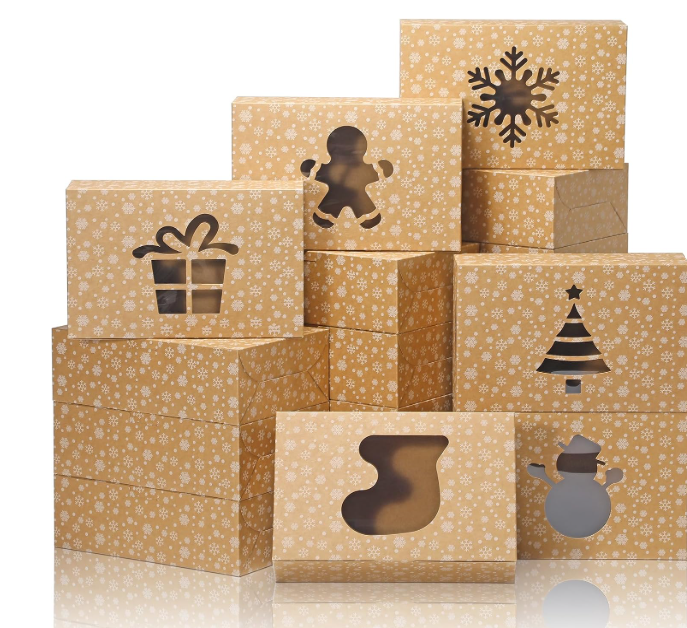 COTOPHER 12Pcs Christmas Cookie Boxes with Window, 8x6x2.5 inch Brown Bakery Boxes for Gift Giving, Brown Cake Boxes Holiday Pastries Boxes for Cakes Muffins Donuts Chocolate Strawberries