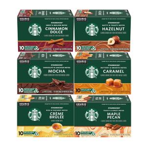 Starbucks Coffee K-Cup Variety Pack, 1 Cinnamon Dolce, 1 Hazelnut, 1 Mocha, 1 Crme Brulee, 1 Maple Pecan, 1 Caramel, 10 CT K-Cups, 1 CT (3.53 Ounce (Pack of 6)) (BBD: September 04, 2025)