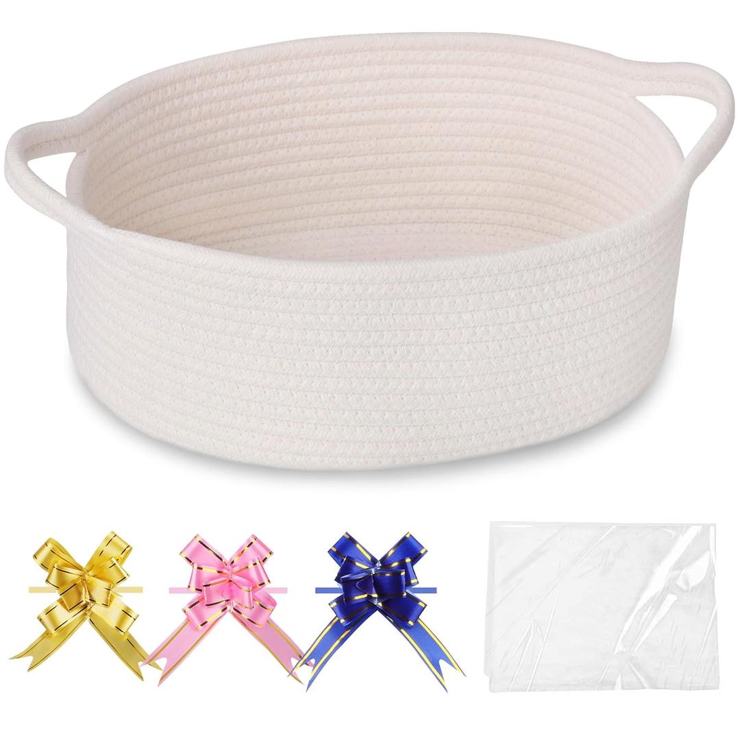 COMSE Small Woven Basket with Gift Bags and Ribbons, Gift Basket Empty, Cotton Rope Storage Organizer, Baby Toy Box with Handles, 12" x 8" x 5", White
