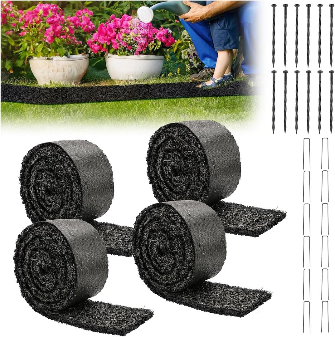 LukLoy 4Pack 120" L X 4.5" W Black Rubber Mulch for Landscaping with Fixing Stakes, Recycled Rubber Mulch Mat Roll, Permanent Weed Barrier Garden Edging Border Mat for Gardening, Plants, Flowers