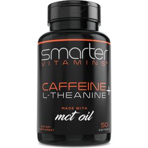 SmarterVitamins 200mg Caffeine Pills - MCT Oil from 100% Coconuts + 100mg L-Theanine, Energy and Focus, Extended Release Capsule, 50 Liquid Softgels