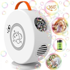 Bubble Machine Automatic Bubble Blower for Kids Toddlers Bubble Maker Electric Bubble Machine Auto Rotating 90/360 Outdoor Toy (White)
