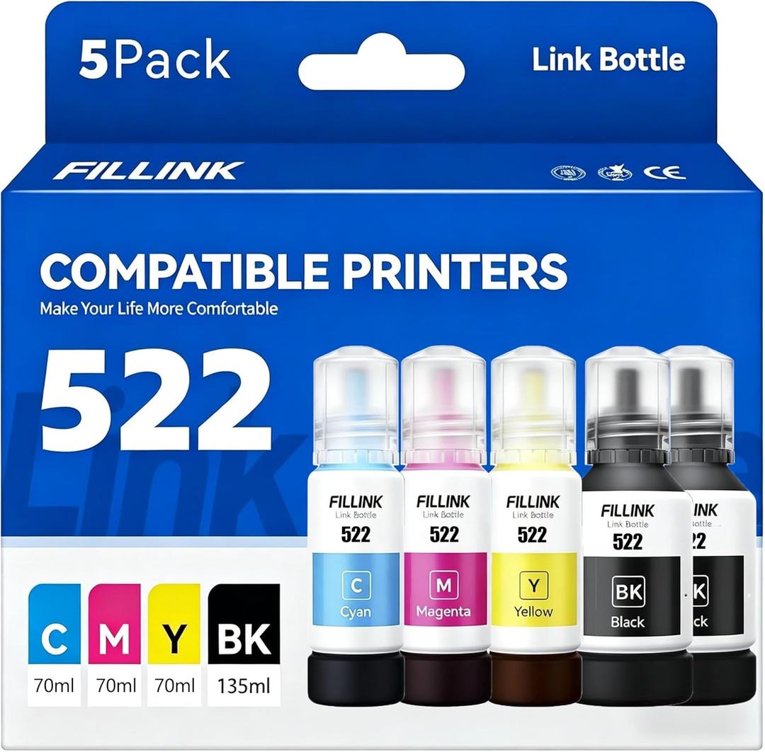 T522 522 Ink High Capacity 522 Ink Refill 5 Bottles Compatible for Ecotank ET-2800 ET-2400 ET-2803 ET-2720 ET-4700 ET-4810 ET-4800 2BK,1C,1M,1Y-5pk