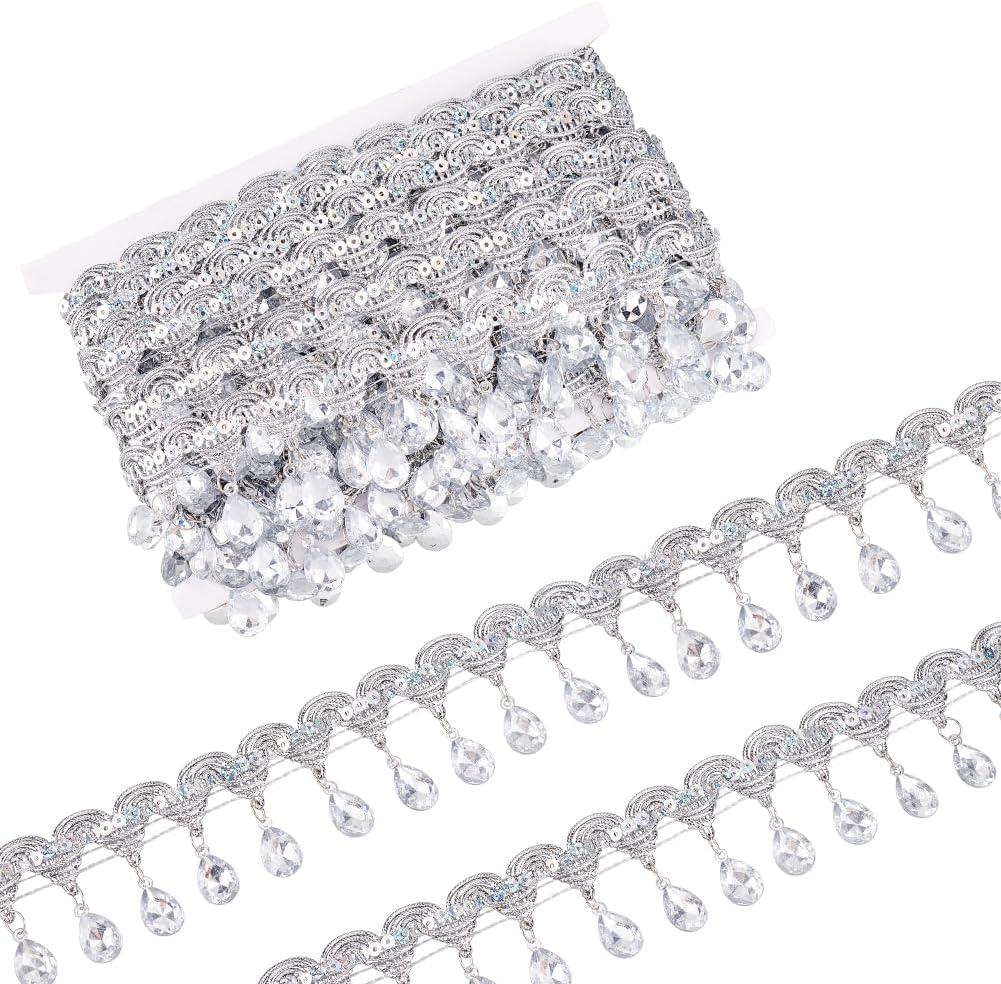 FINGERINSPIRE 9.8 Yard 48.5mm Silver Metallic Scroll Braid Trim with Sequins & Clear Rhinestone Polyester Hanging Beads Fringe Trim Gimp Braid Trim Sewing Tassel Trim by The Yard for DIY Crafts