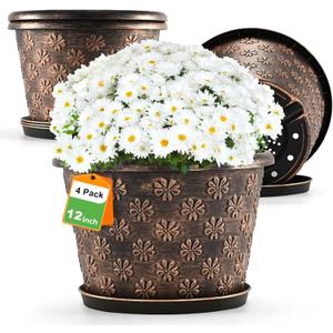 12 Inch Planter Pots for Plants, Plastic Large Flower Pots Indoor Outdoor, 4 Pack Resin Plant Pot with Drainage & Saucer, Retro Decorative Garden Pot with Removable Trays for House