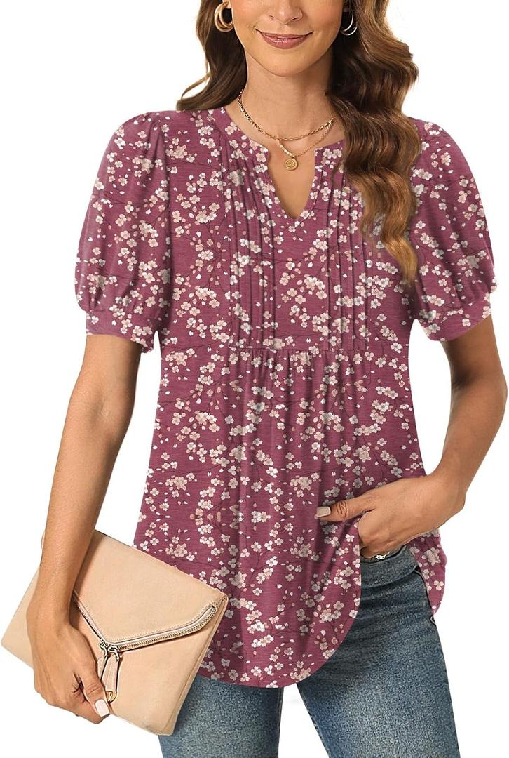 Anyally Womens Summer/Spring Dressy Casual Blouse Puff Short Sleeve Tunic Tops Pleated T-Shirts for Work (XX-Large, Pleated Plum Blossom)