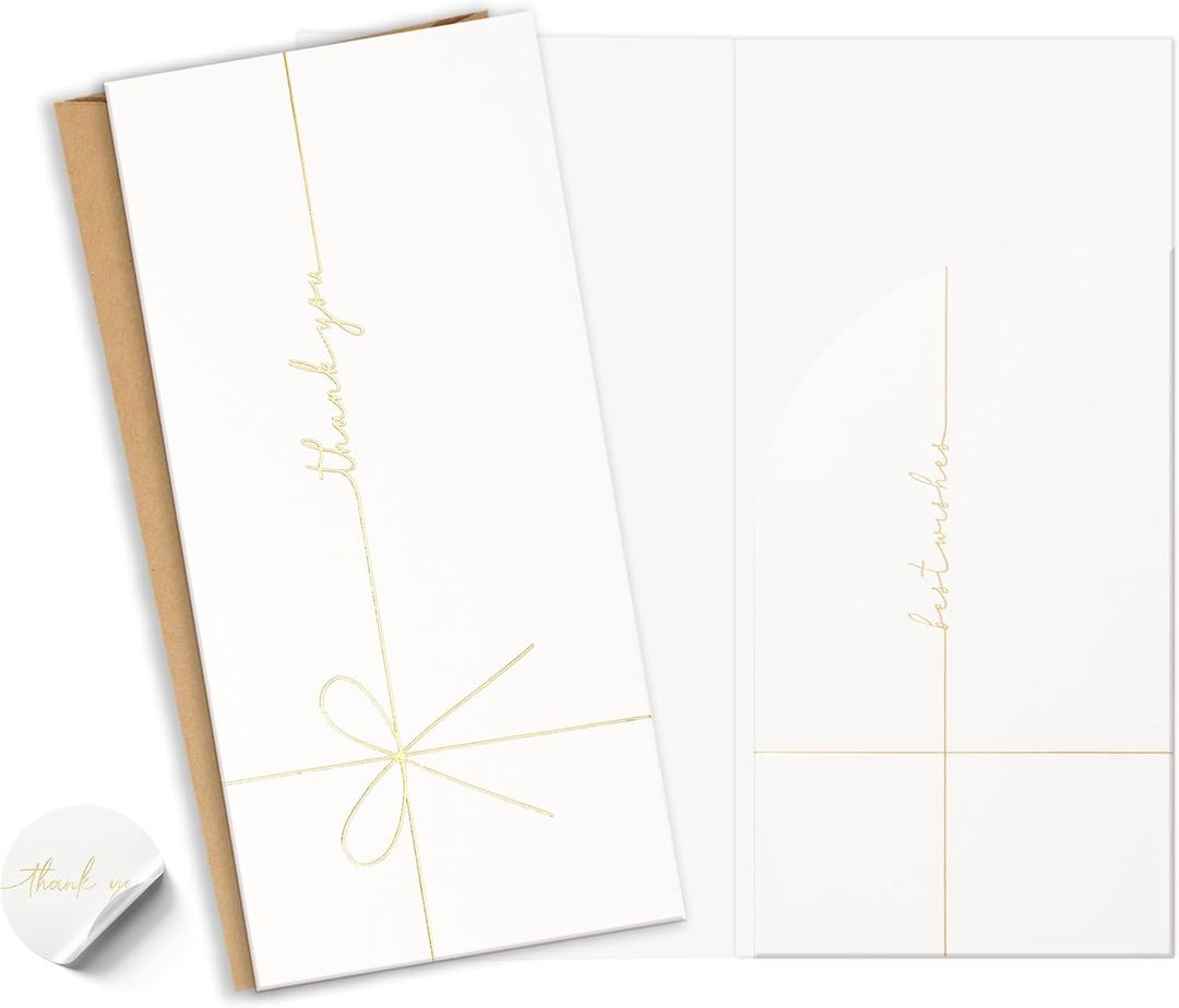 Elegant Ribbon-Style Money Cards with Envelopes Set - 20 Cards with Gold Foil, 20 Envelopes, 24 Sealing Stickers, Versatile Money Card Holders for Cash, Gift Cards - Classic Design, Smudge-Free