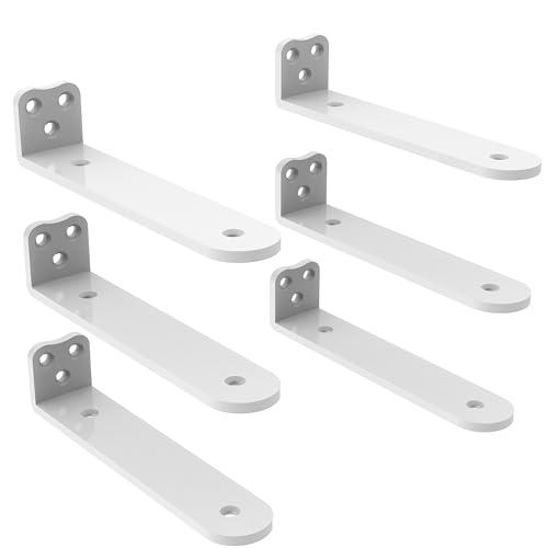 Eurydice Heavy Duty Floating Shelf Brackets, 1/4 inch Thick L Bracket, (12 In 6 Pack White), Holds 200 lb, Rounded Arc Edge, One-Piece, 3 Hole Mounting For Wood Shelves in Kitchen, Garage, Office, DIY