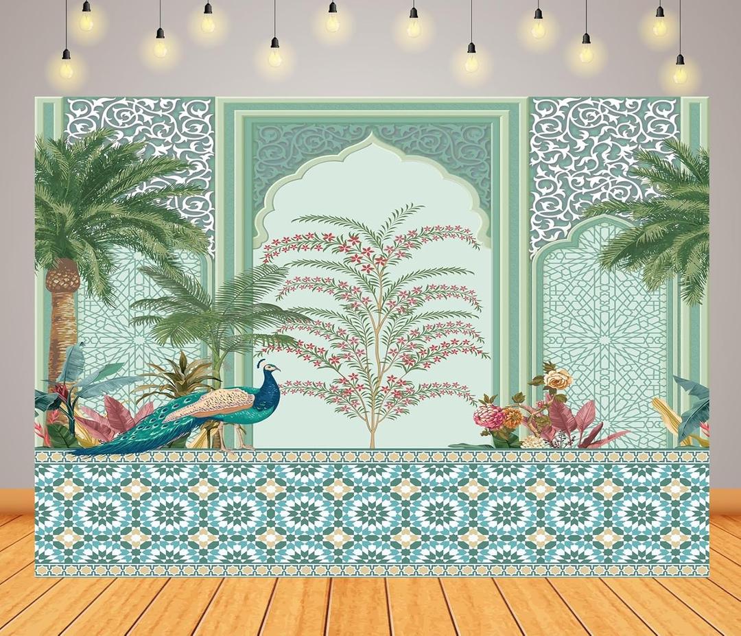 BELECO 9x6ft Fabric Traditional Moroccan Decorative Backdrop Mughal Garden Arch Peacock Dates Tree Plant Botanical Background for Party Decorations Wedding Banner Photoshoot Studio Props Wallpaper