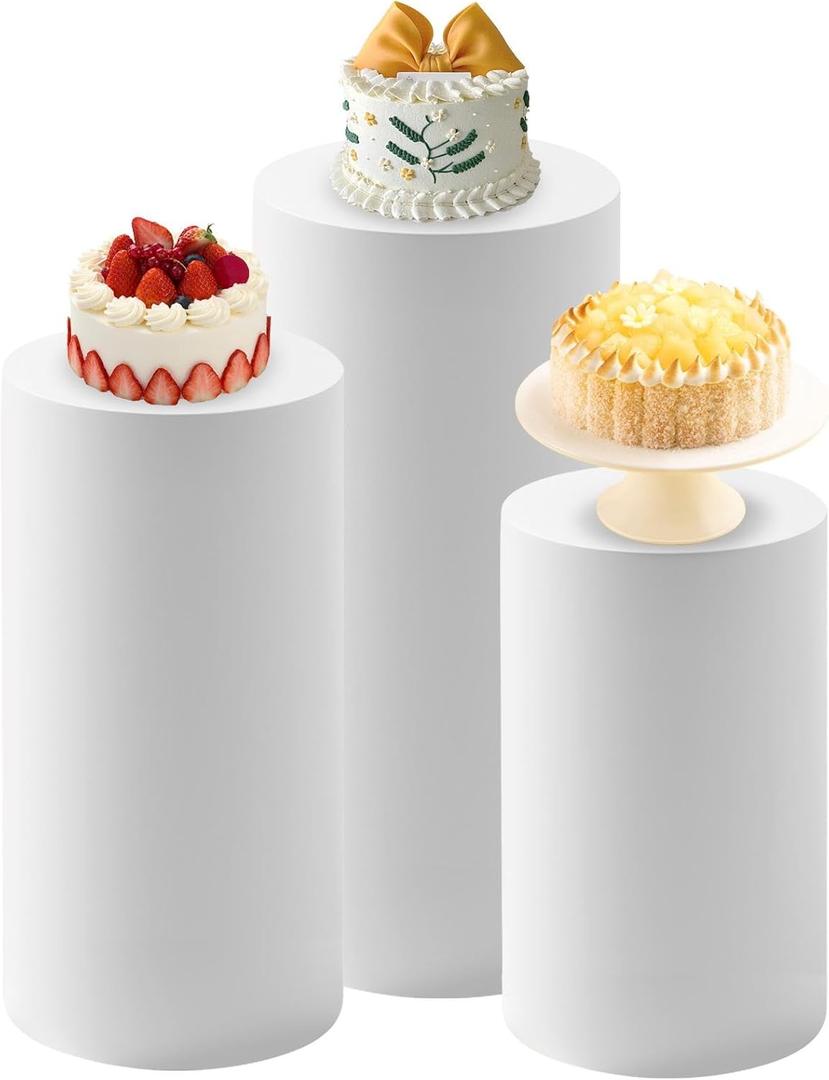 3Pcs Cylinder Pedestal Stand Covers,Round Spandex Cylinder Stand Covers for Party,Elastic Cloth Cylinders Plinth Cover for Parties Wedding Birthday Event Decor,Only Covers (9.1*9.5*1.8inch, White)