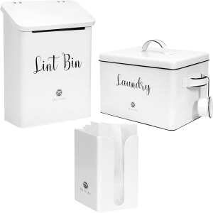 Laundry Room Organization Product: Lint Bin, Dryer Sheet Bin, And Detergent Bin with Measuring Cup, White, 4Pcs