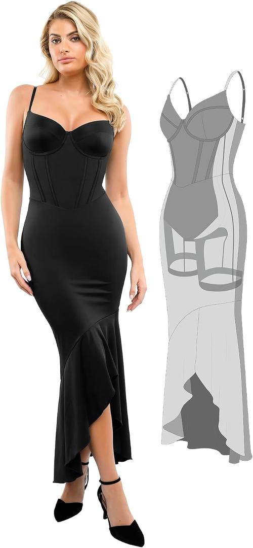 Popilush Corset Dress Built in Shapewear - Formal Dress for Women Deep V Neck Maxi Slip Bridesmaid Dresses for Wedding (Black)