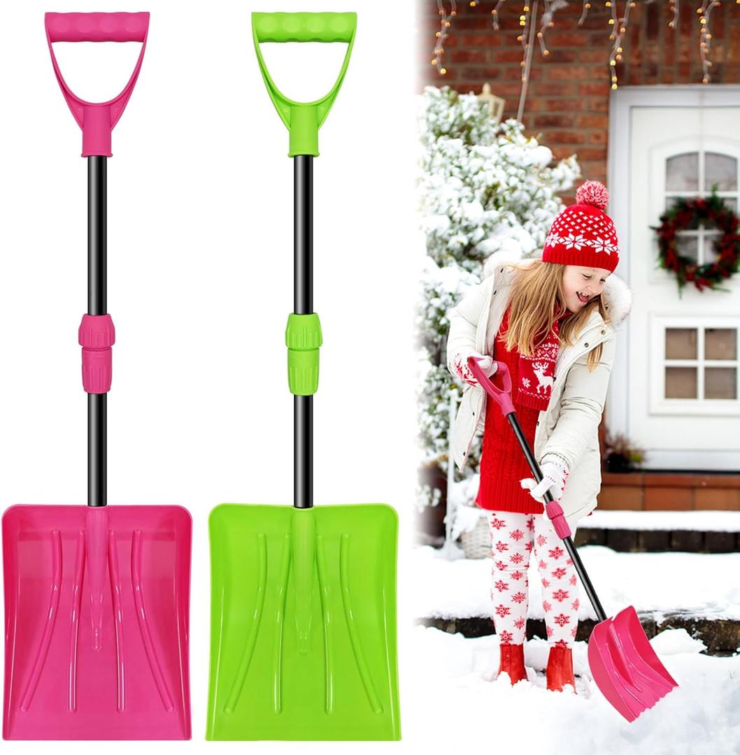 2 Pack Kids Winter Snow Shovel, Detachable Three-Part Rose Red & Green Plastic Kids Snow Shovel, Adjustable 27.5-35 inch with D-Grip Handle, Winter Toys Gifts for Boys Girls Playing (Rose red & Green)