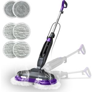 Scrub & Steam Mop with Rotating Mop Pads, LED Headlights, 6 Scrub Pads, Large Tank, Swivel Steering, Effortless Scrubbing Hard Floor Cleaner Upgraded (Black)