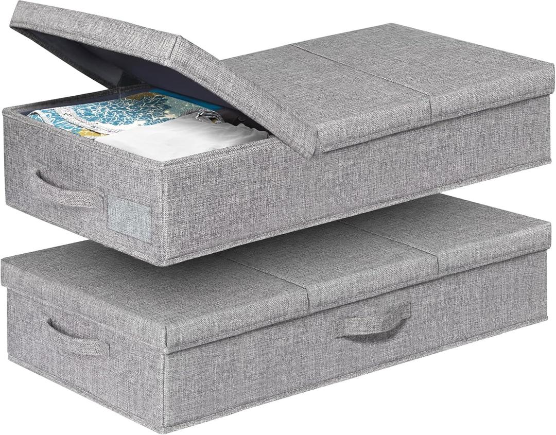 punemi Under Bed Storage With Lids, 2 Pack Large Underbed Storage Containers Clothes W/ 3 Handles, Foldable Low Profile Stackable Drawer Organizer Bins Box for Blanket Shoe Bedroom, 31.1*15.7*6inch
