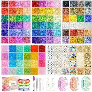 Friendship Bracelet Kit 3mm Seed Beads, 30000 Pcs 8/0 96 Colors Small Glass Beads Bulk with Letter Bead Charms for Jewelry Making Girls Gifts Rings Necklaces Waist Chain DIY Arts and Crafts