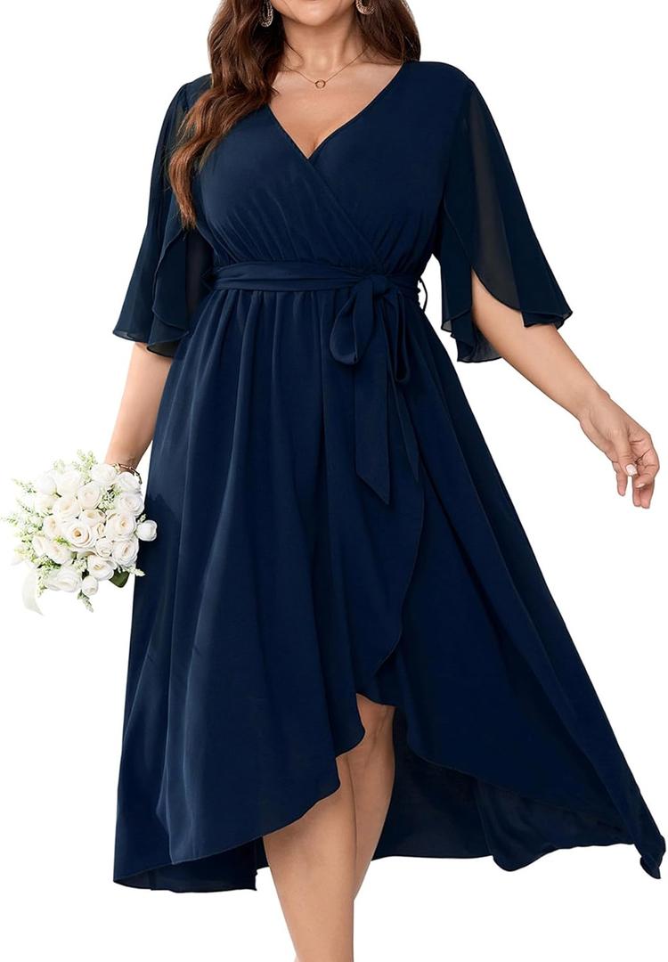 CICIDUDU Plus Size Formal Wedding Guest Cocktail Dress for Curvy Women Flutter Sleeve Faux Wrap V Neck Midi Dresses, Navy Blue, X-Large Plus