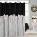 Farmhouse Black Shower Curtain,Bowknot,Cotton Woven and Cotton Blend Fabric,Pleated Black Stripe,Country Style,72x72 in