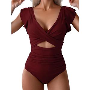 B2prity Women's One Piece Swimsuit Ruffle Cutout Bathing Suits Slimming Tummy Control V Neck Wrap Swimwear (Burgundy Ribbed)
