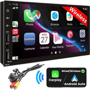 Double Din Car Stereo with Wireless Apple CarPlay & Android Auto, 7inch Touchscreen Car Audio Receiver, Wireless Car Radio with Bluetooth, Backup Camera/ Mirrorlink/ FM/ SWC/ Subwoofer/ 2 USB/ AUX Input