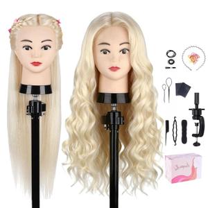 Mannequin Head with 80% Real Hair, TopDirect 24" Blonde Hair Styling Hairdressing Cosmetology Mannequin Manikin Training Practice Head with Clamp and Tools (White)