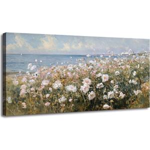 Beach Flowers Large Canvas Wall Art, 3d Textured Landscape Wildflowers Painting, Coastal Floral Artwork, Meadow with Flowers Picture Print for Bedroom Living Room Office Farmhouse Decor, 20"x40"