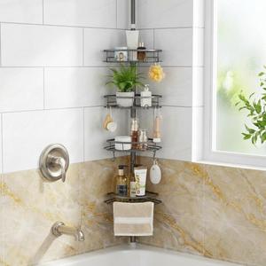 Corner Shower Caddy Tension Pole, Tension Rod Organizer, 4-Tier Adjustable Floor to Ceiling Shower Caddy 33-127inch, No Drilling Shower Shelf for Inside Shower (Gray)