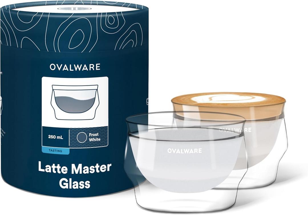 ovalware 8.5oz Double Wall Latte Cups, Latte Set of 2 - Latte Glasses for Cold & Hot Drink, Palm-Sized Cups with Wide Rim for Artistic Designs - Frost White